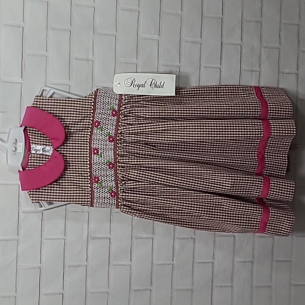 NWT  Royal Child toddler & infant Girls Smocked Brown plaid and hot pink dress